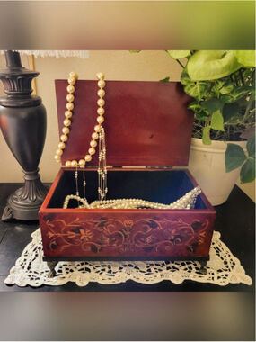 Vintage Hand-Painted Wood Box with Claw Feet & Sage Tassel